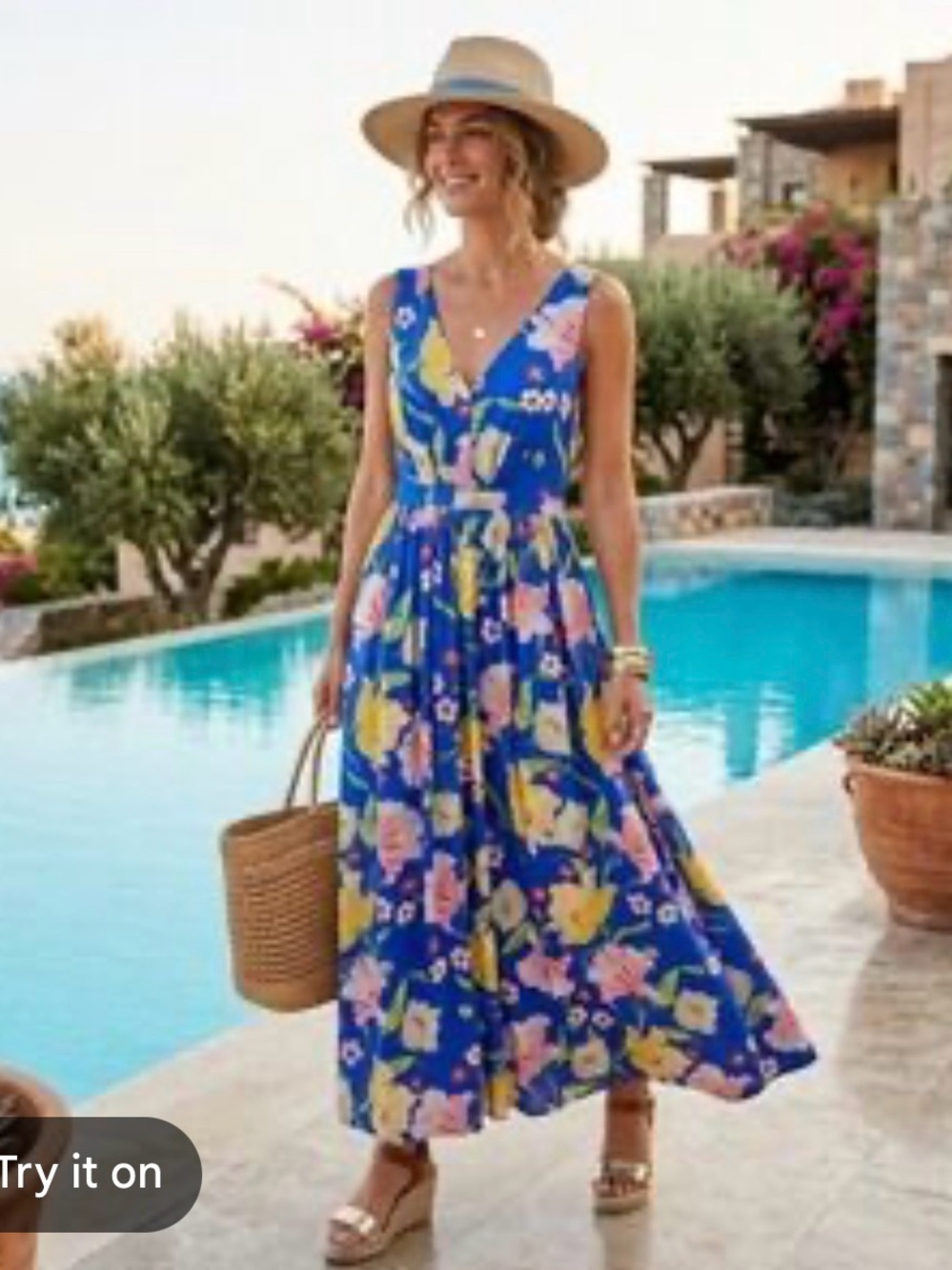 Modcloth Royal Blue Floral V-Neck Maxi Dress